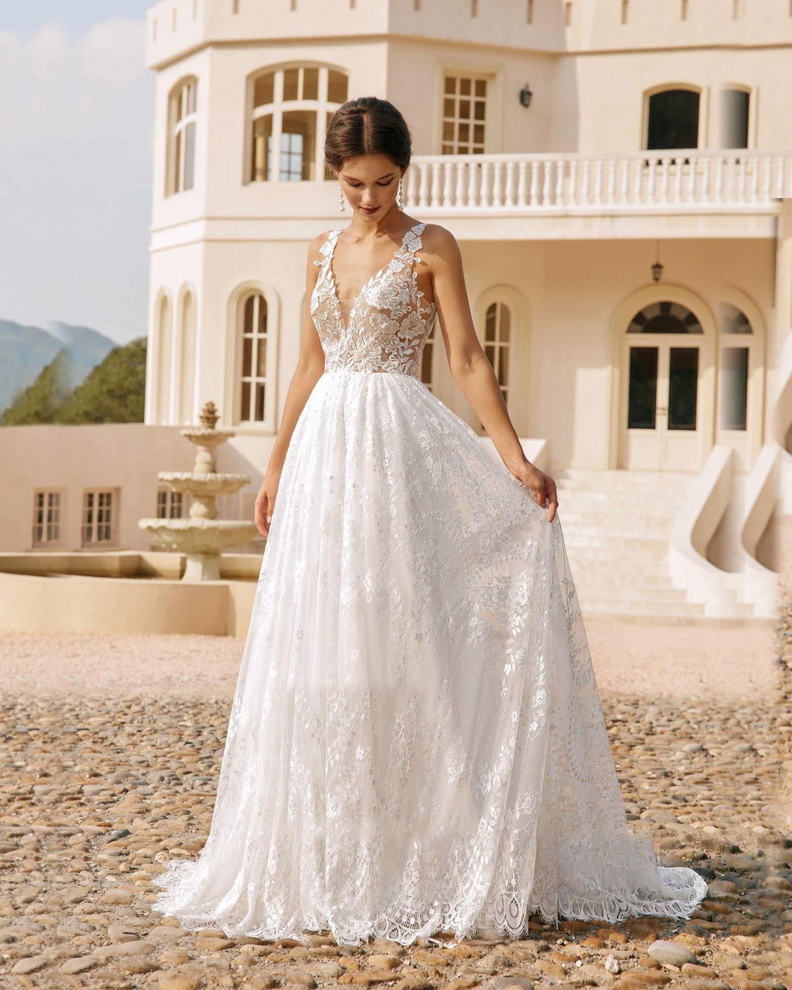 plunging v-neck lace embroidered a-line wedding dress - image 7