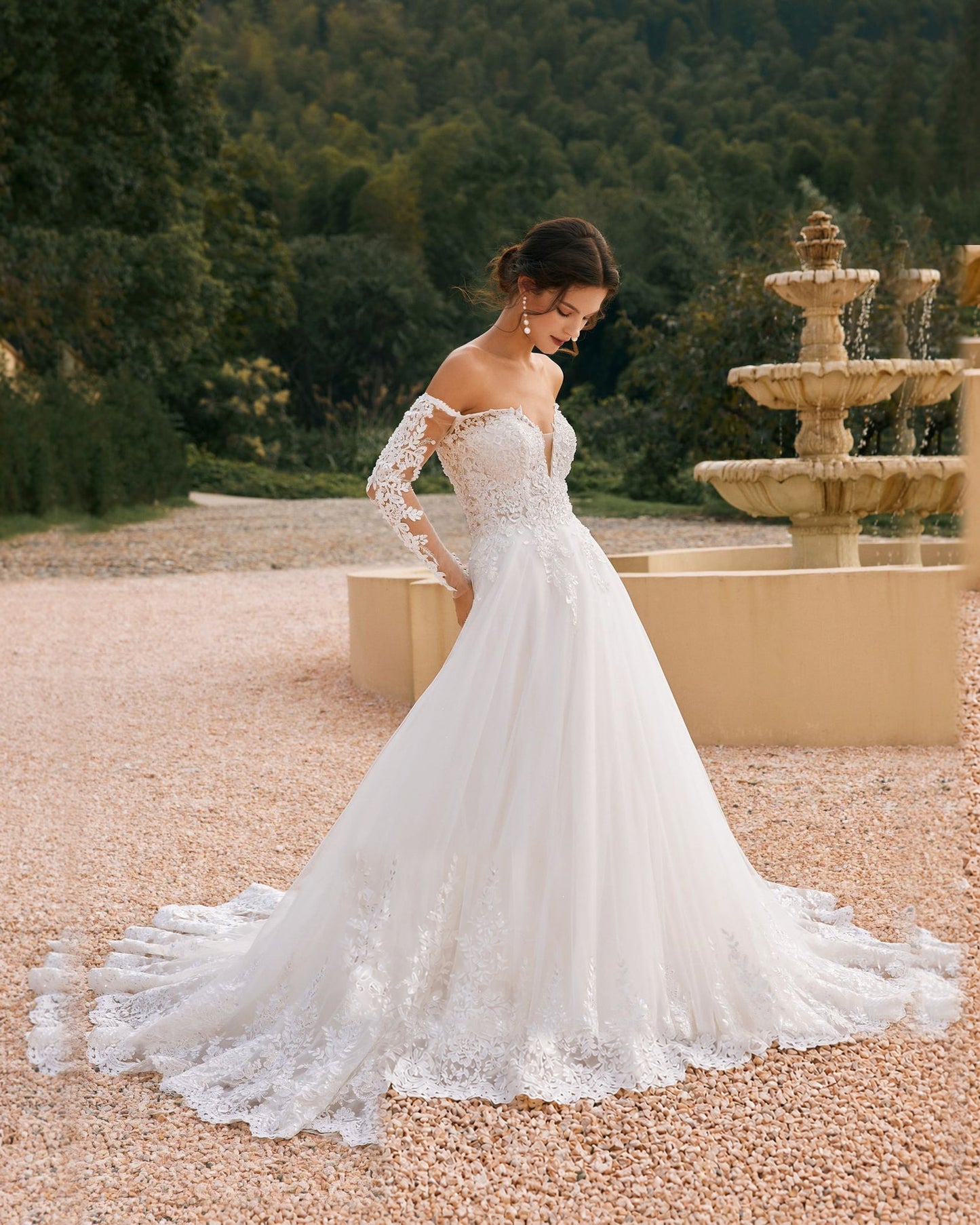 off-shoulder lace sleeve tulle wedding ball gown - image 7