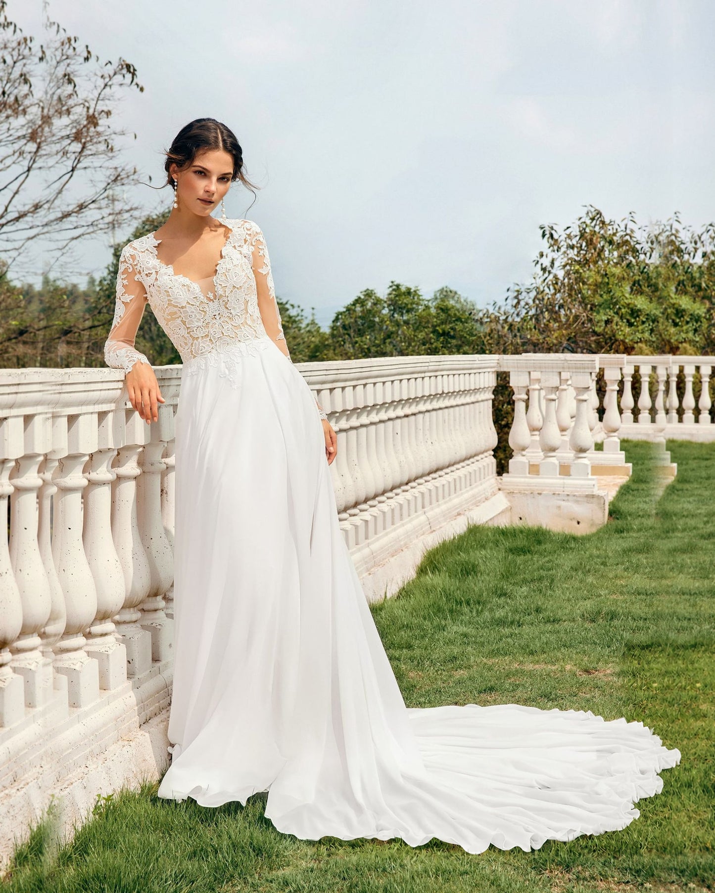 v-neck long sleeve lace chiffon a-line wedding dress - image 7