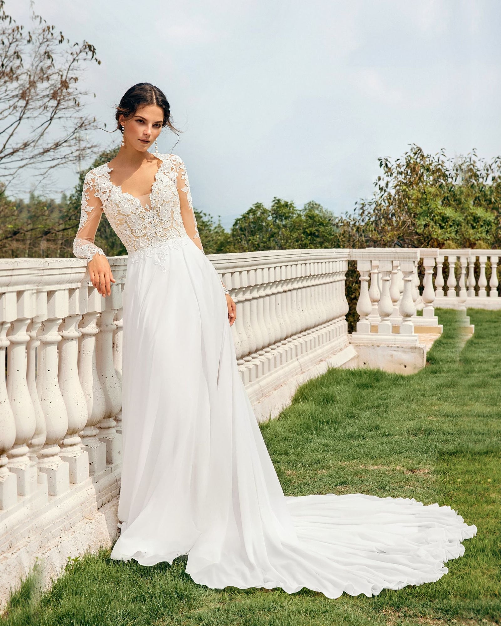 v-neck long sleeve lace chiffon a-line wedding dress - image 7