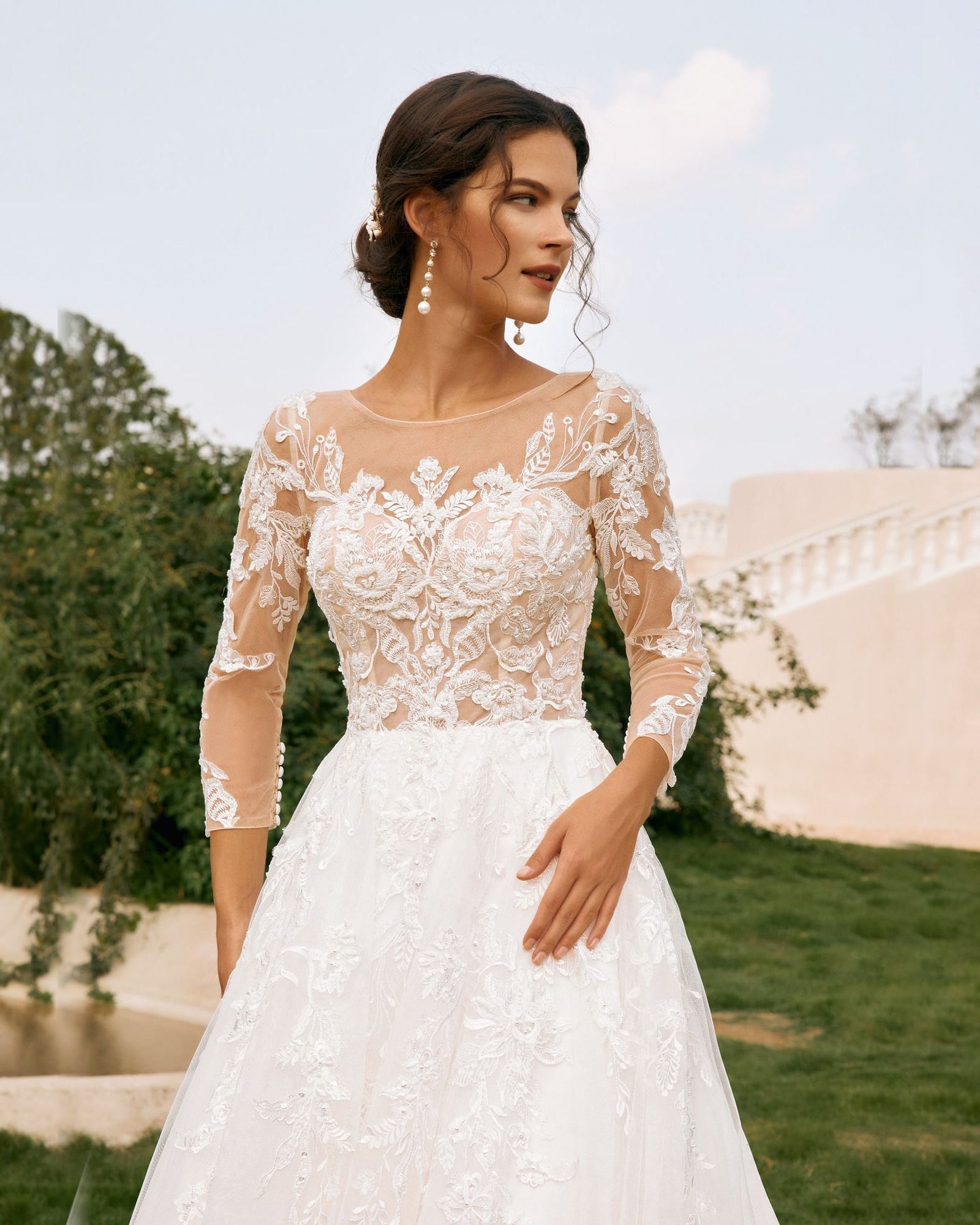 bateau neck lace sleeve tulle a-line wedding dress - image 7