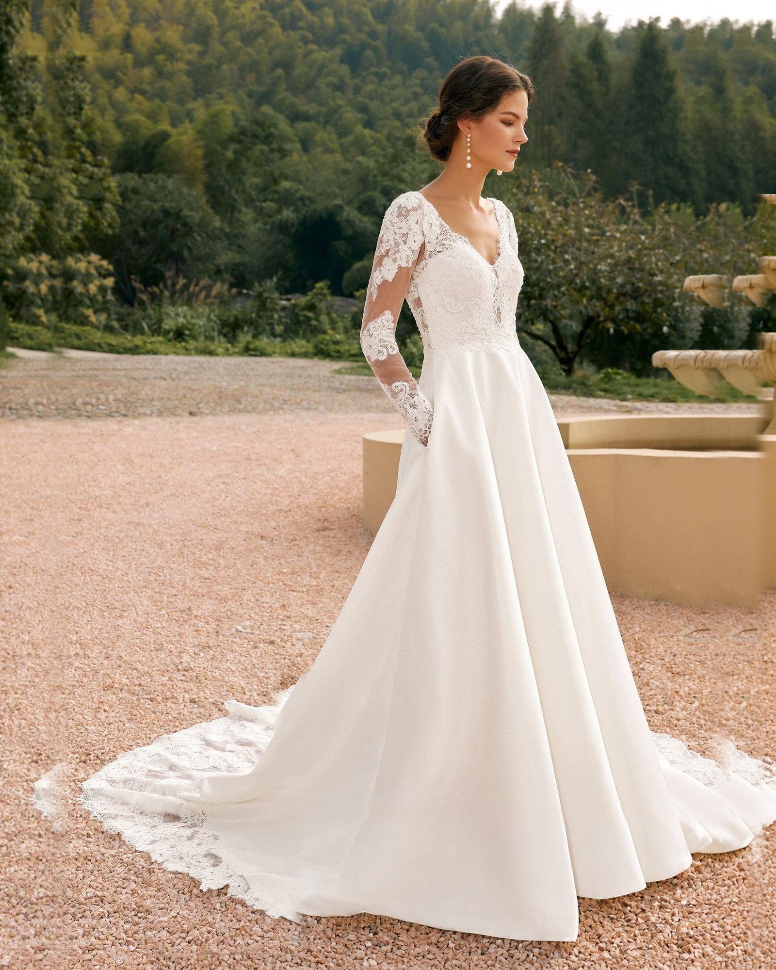 long sleeve lace bodice satin a-line wedding dress - image 7