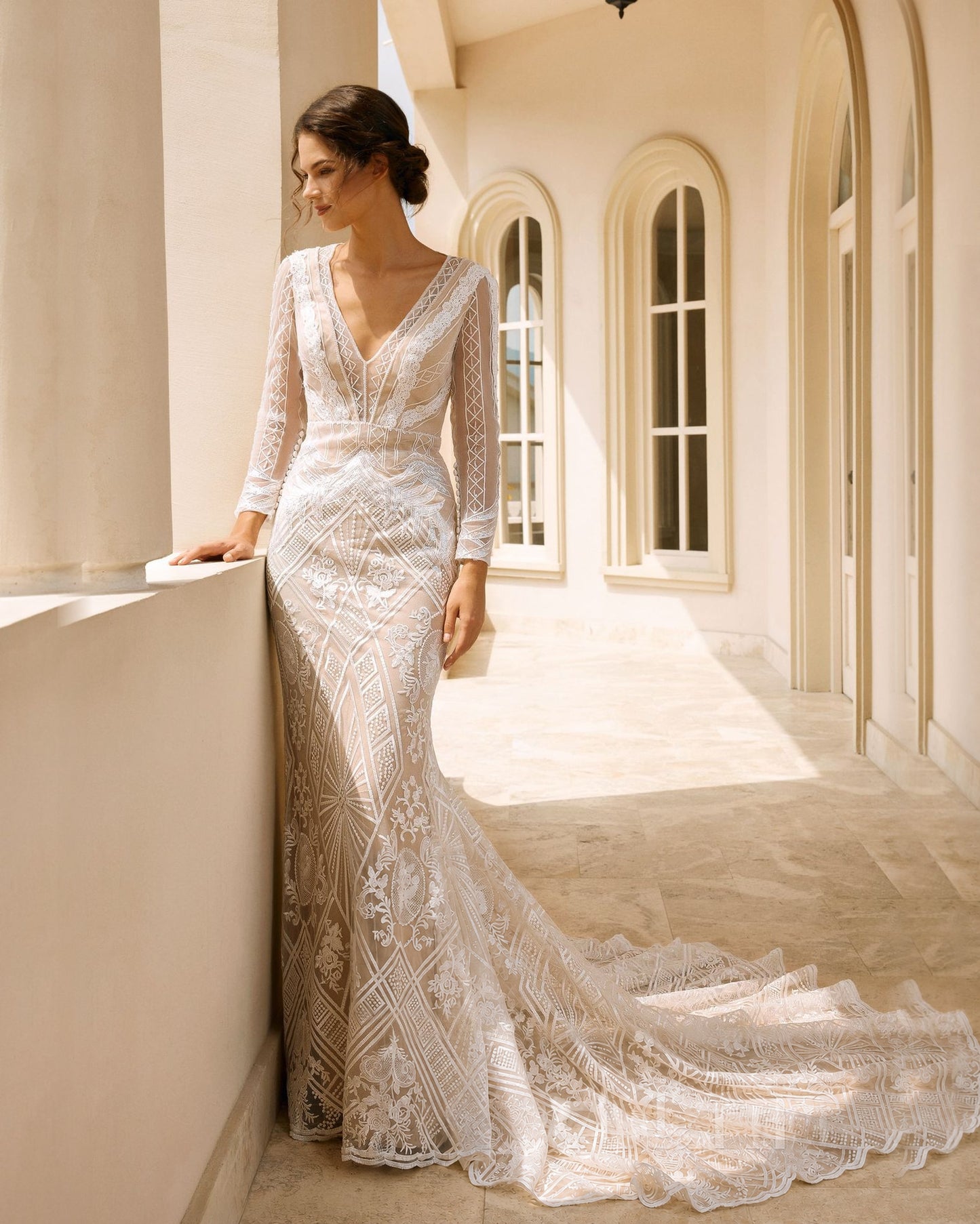 long sleeve geometric lace mermaid wedding dress - image 7