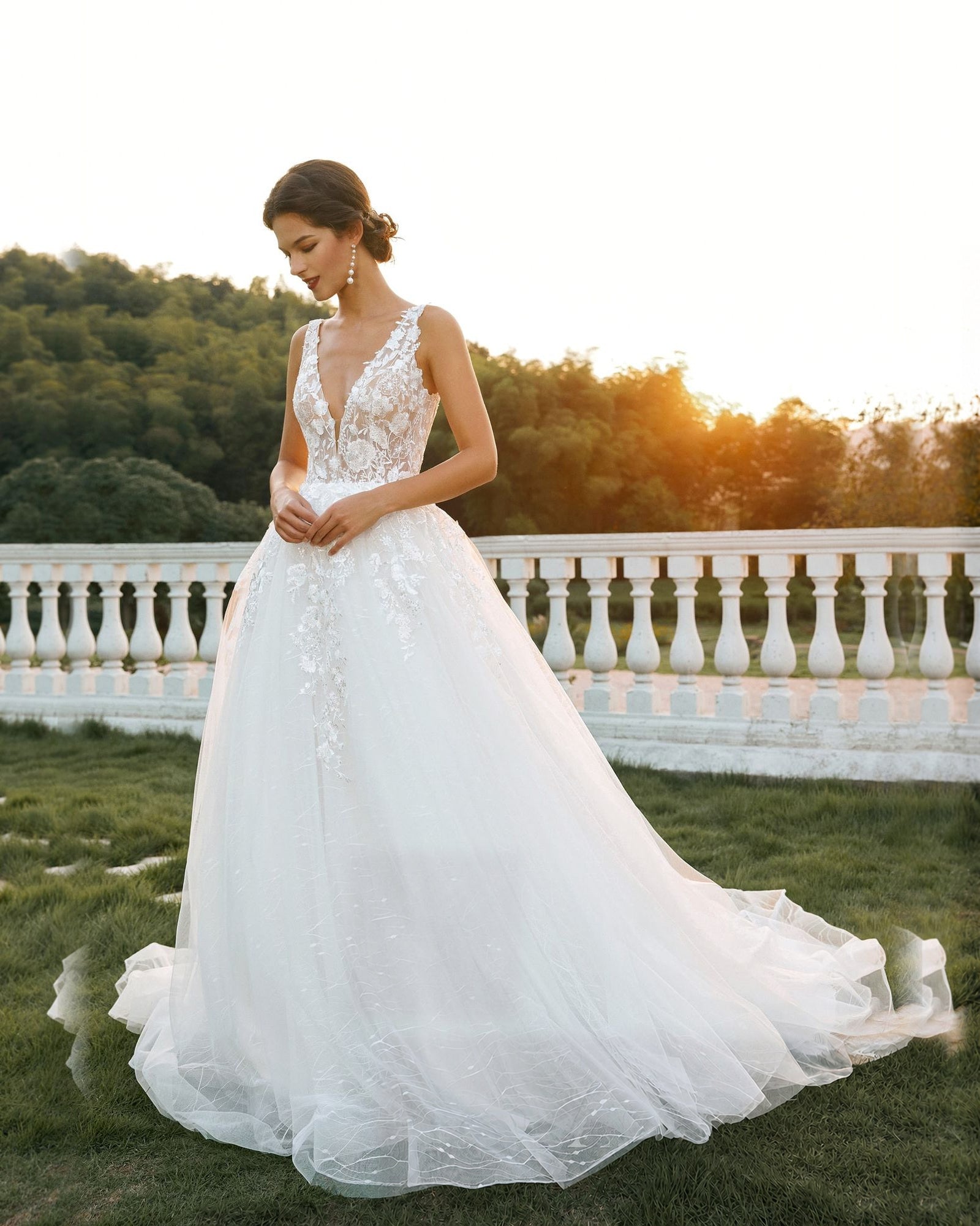 plunging v-neck lace tulle ball gown wedding dress - image 7