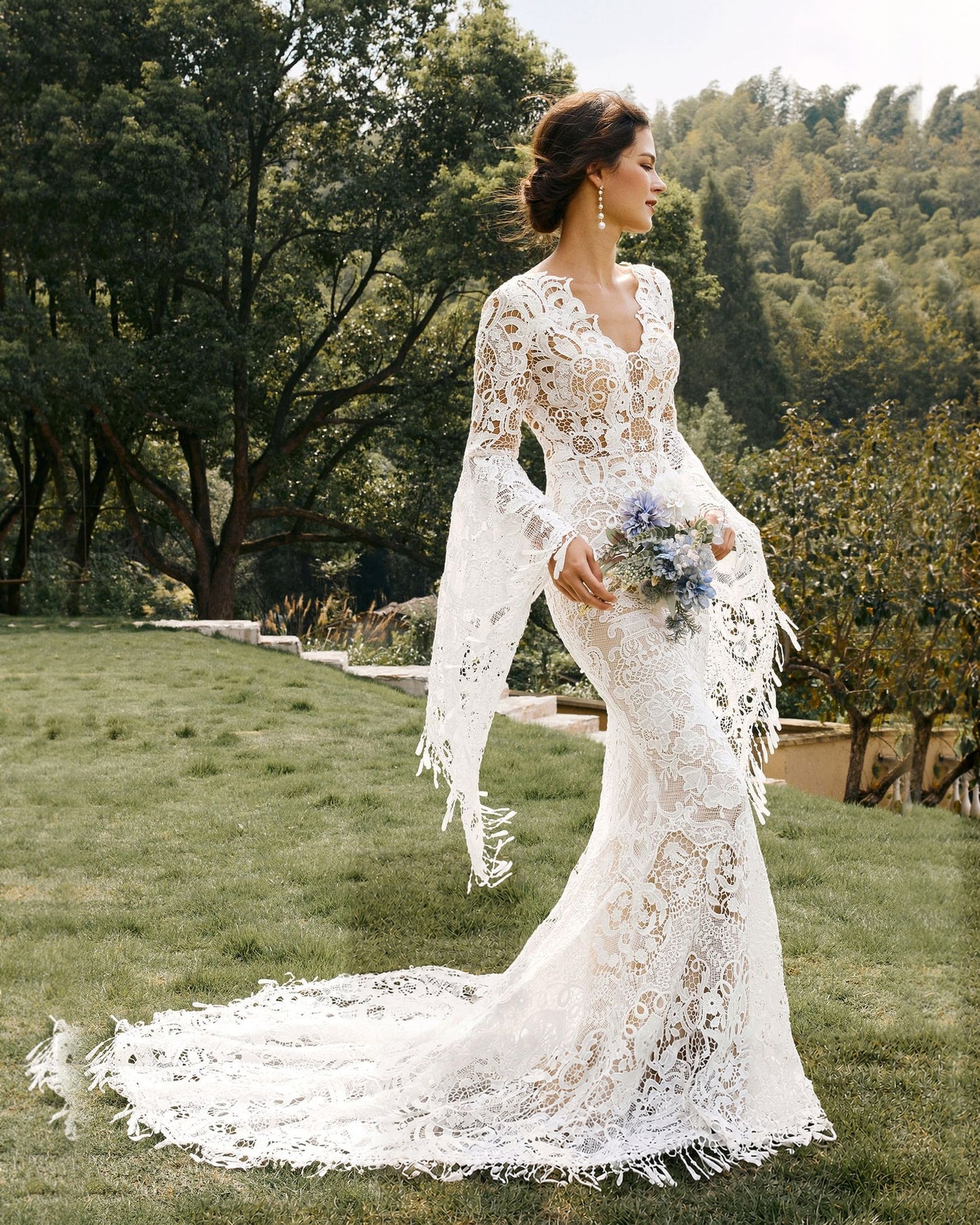 fringe bell sleeve lace mermaid wedding dress - image 7