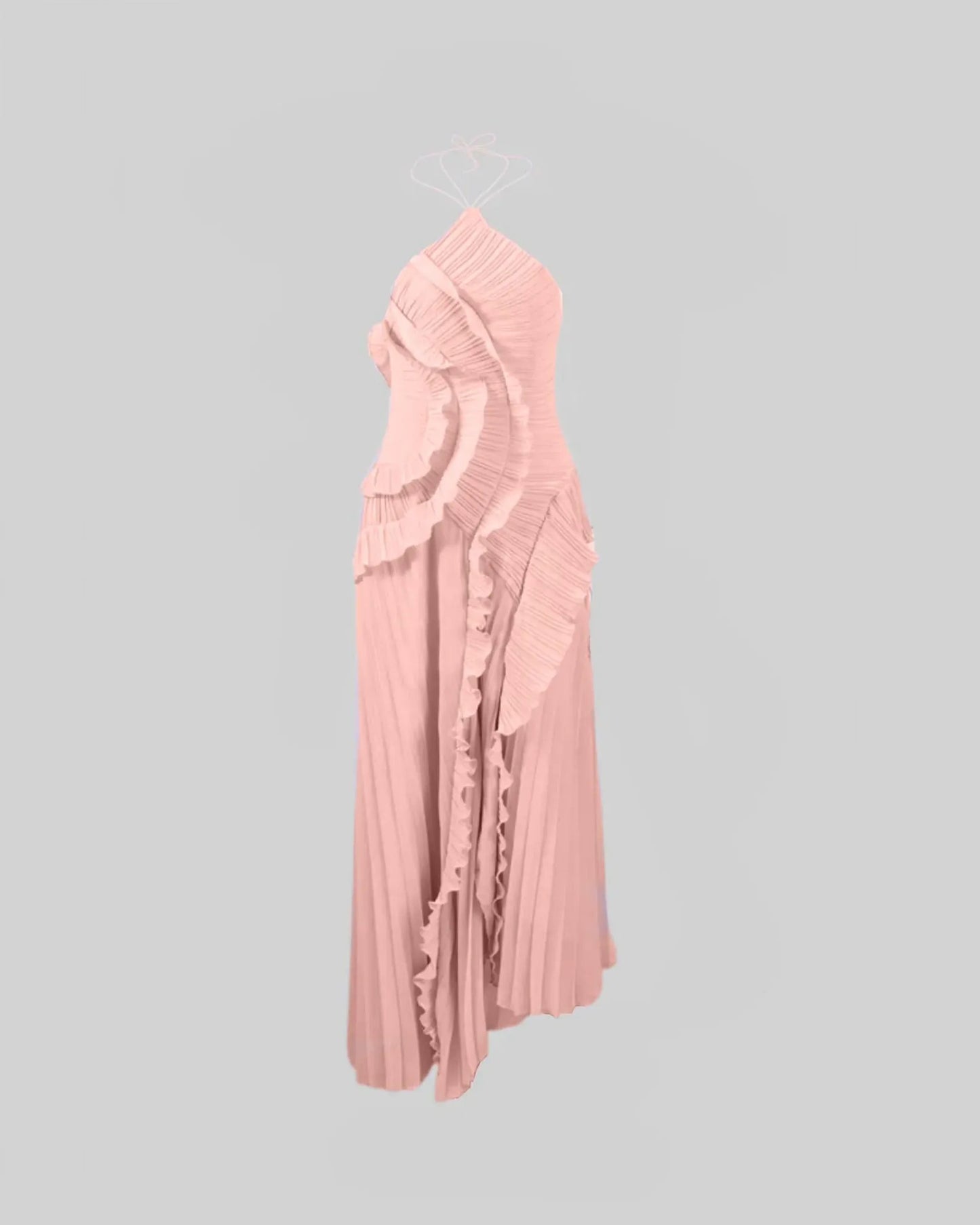 dusty rose asymmetrical halter chiffon formal dress with pleated ruffles - image 7