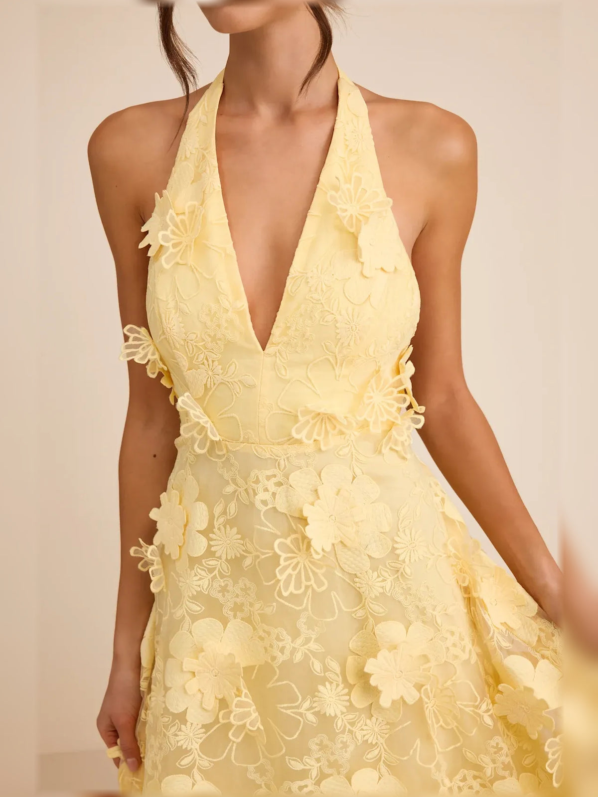 Black a-line maxi formal dress with floral print, alternate view showing the shoulder line