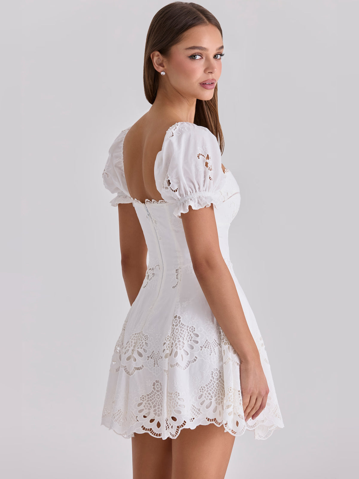 White mini homecoming dress, alternate view showing the full-length silhouette