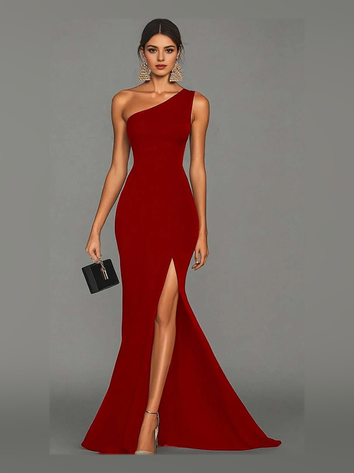 Deep Red maxi prom dress, alternate view showing the full-length silhouette
