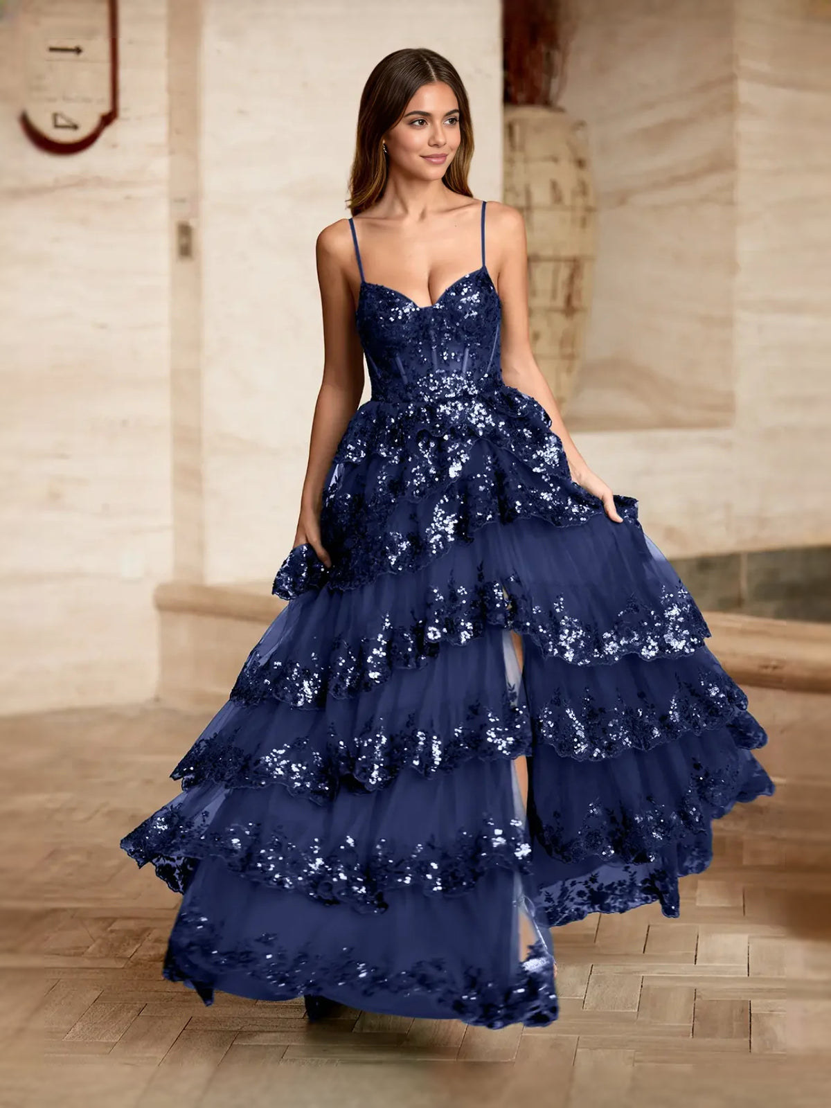 Dark Navy floor-length prom dress, alternate view showing the full-length silhouette