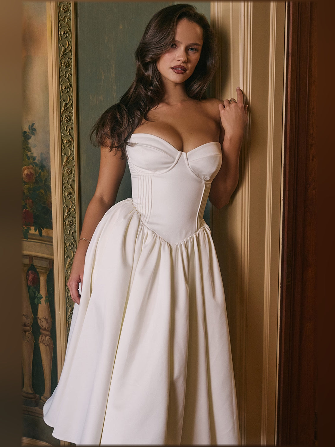 Ivory midi formal dress, alternate view showing the shoulder line