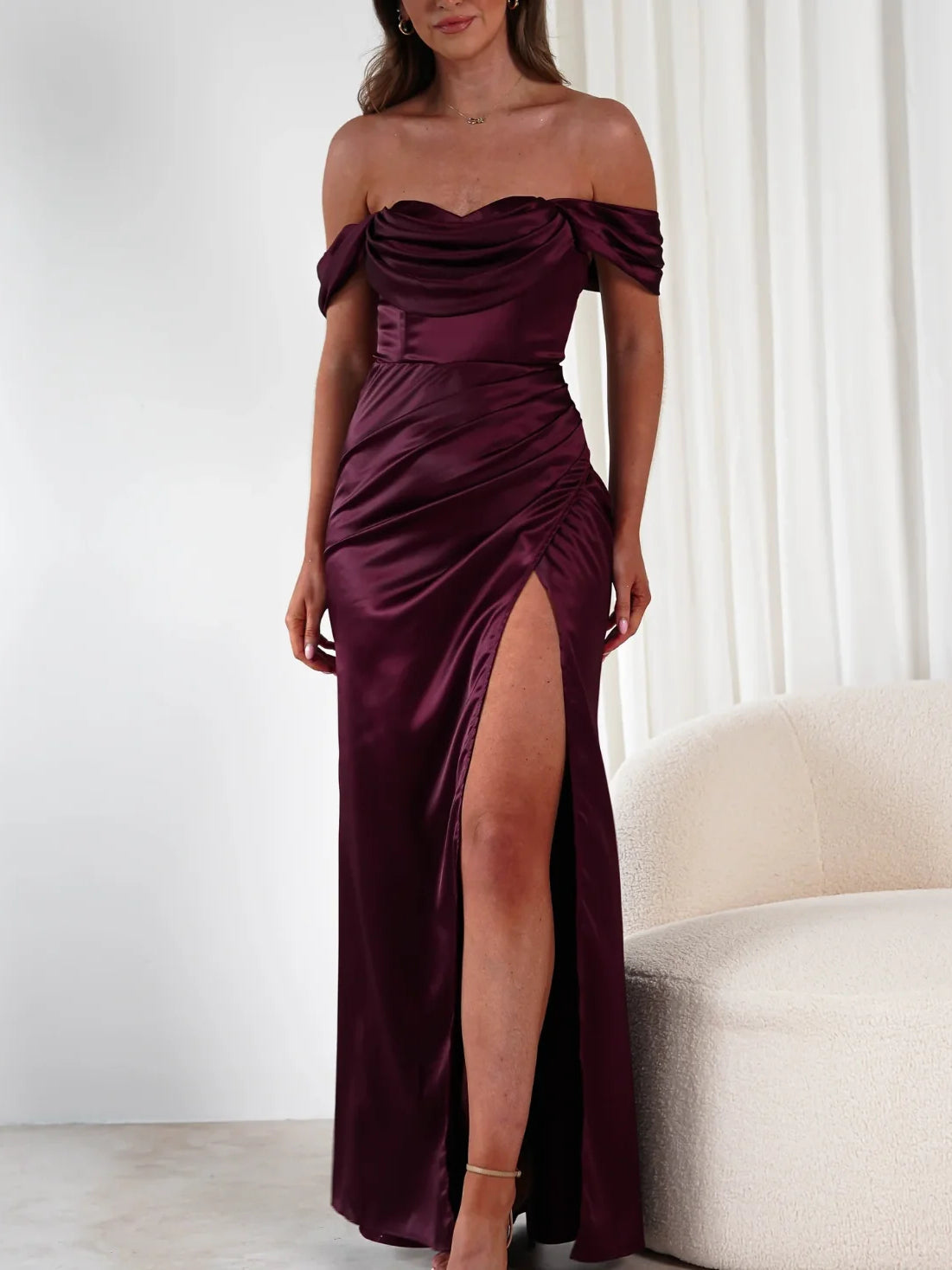 Peacock sheath floor-length formal dress with skirt slit, alternate view showing the shoulder line