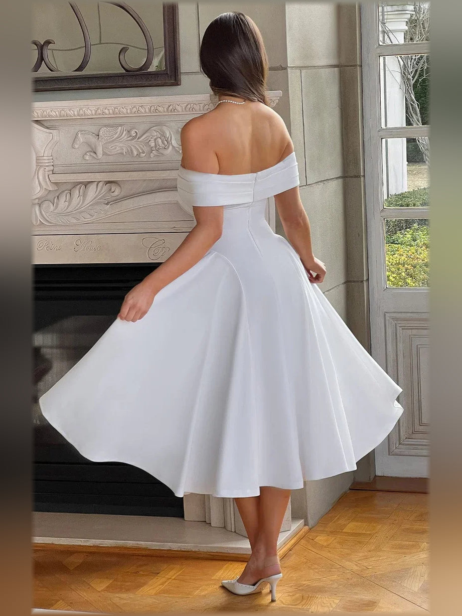 Blue a-line midi formal dress with off-the-shoulder neckline, alternate view showing the shoulder line