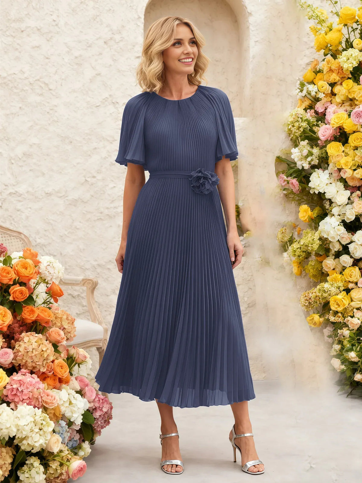 Stormy midi mother of the bride dress, alternate view showing the full-length silhouette