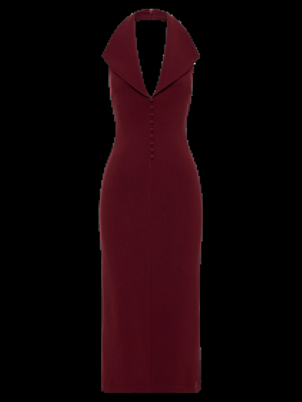Merlot midi formal dress with halter neckline, alternate view showing the shoulder line
