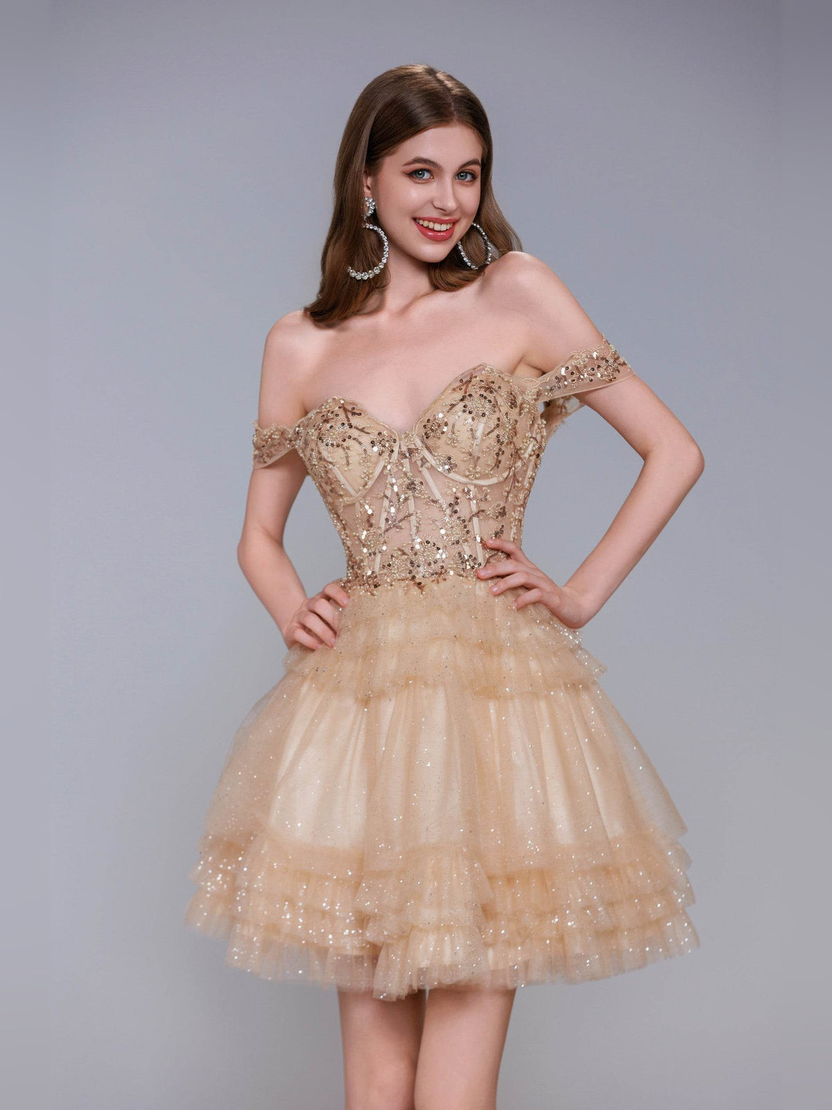 Gold short homecoming dress, alternate view showing the full-length silhouette