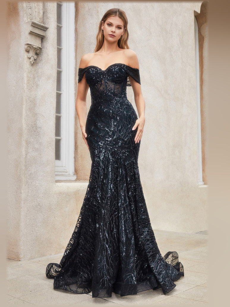 Black mermaid floor-length formal dress with sequins, alternate view