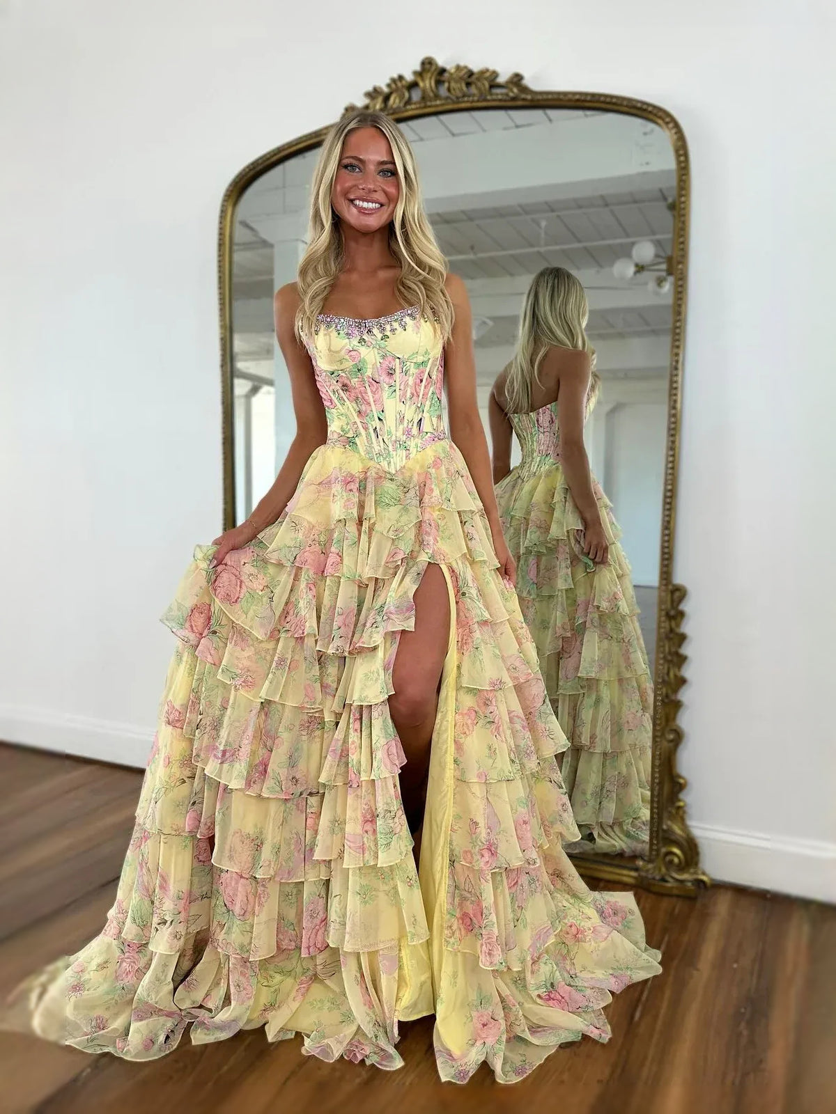 Marigold floor-length prom dress, alternate view showing the full-length silhouette