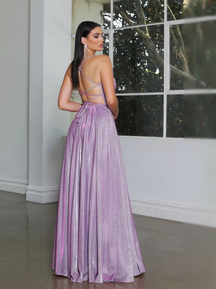 Lilac maxi prom dress, back view showing the rear of the dress in an additional pose