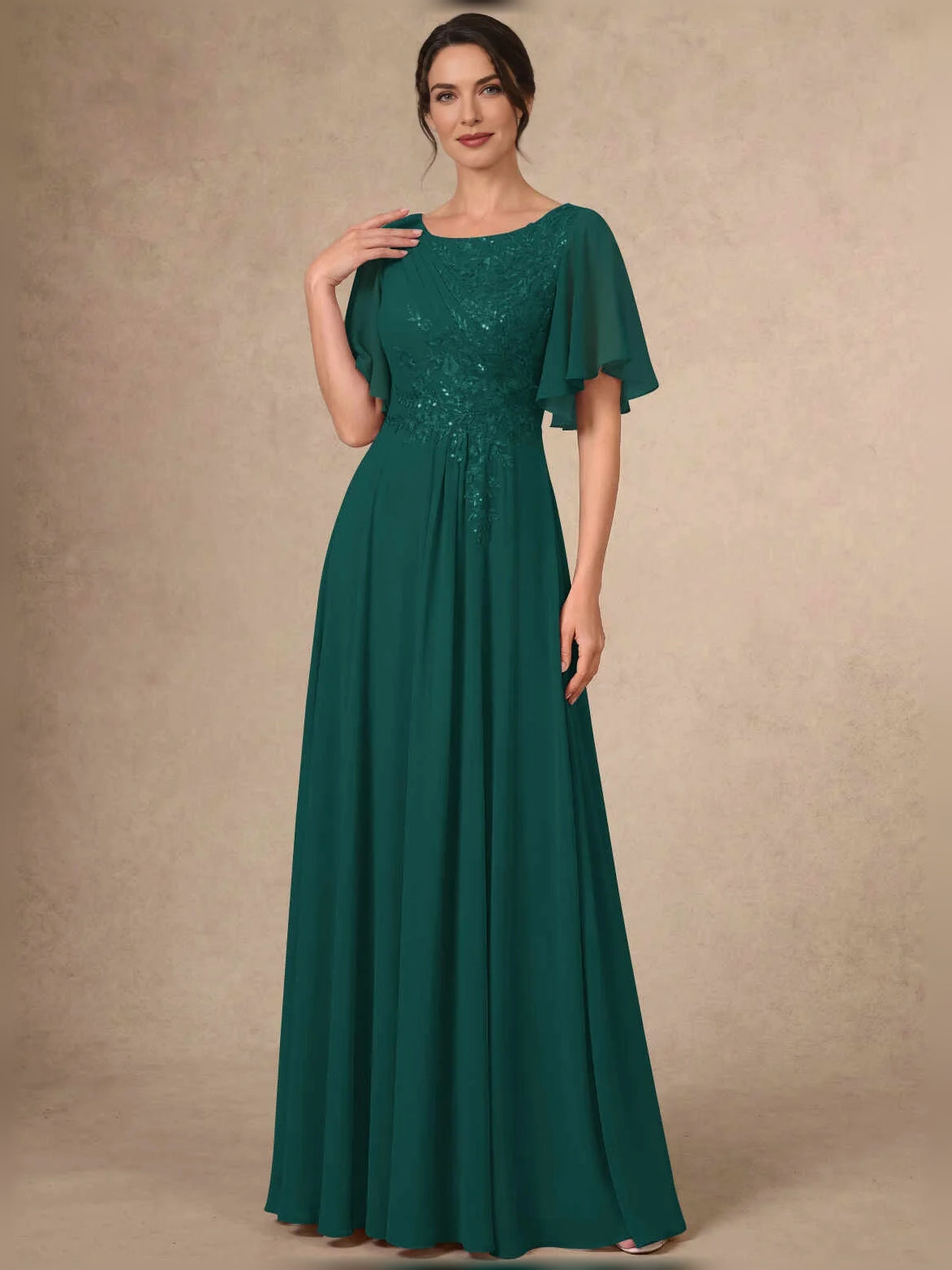 Dark Green maxi mother of the bride dress, alternate view showing the full-length silhouette