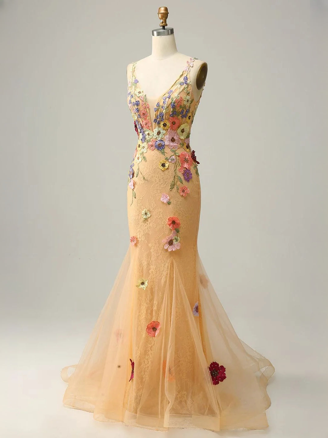 Orange floor-length prom dress, alternate view showing the full-length silhouette