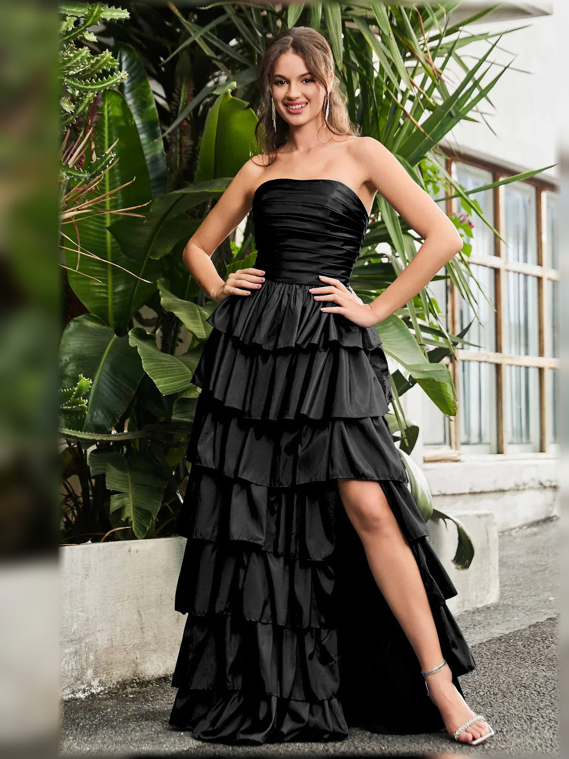 Black a-line floor-length formal dress with ruching, alternate view