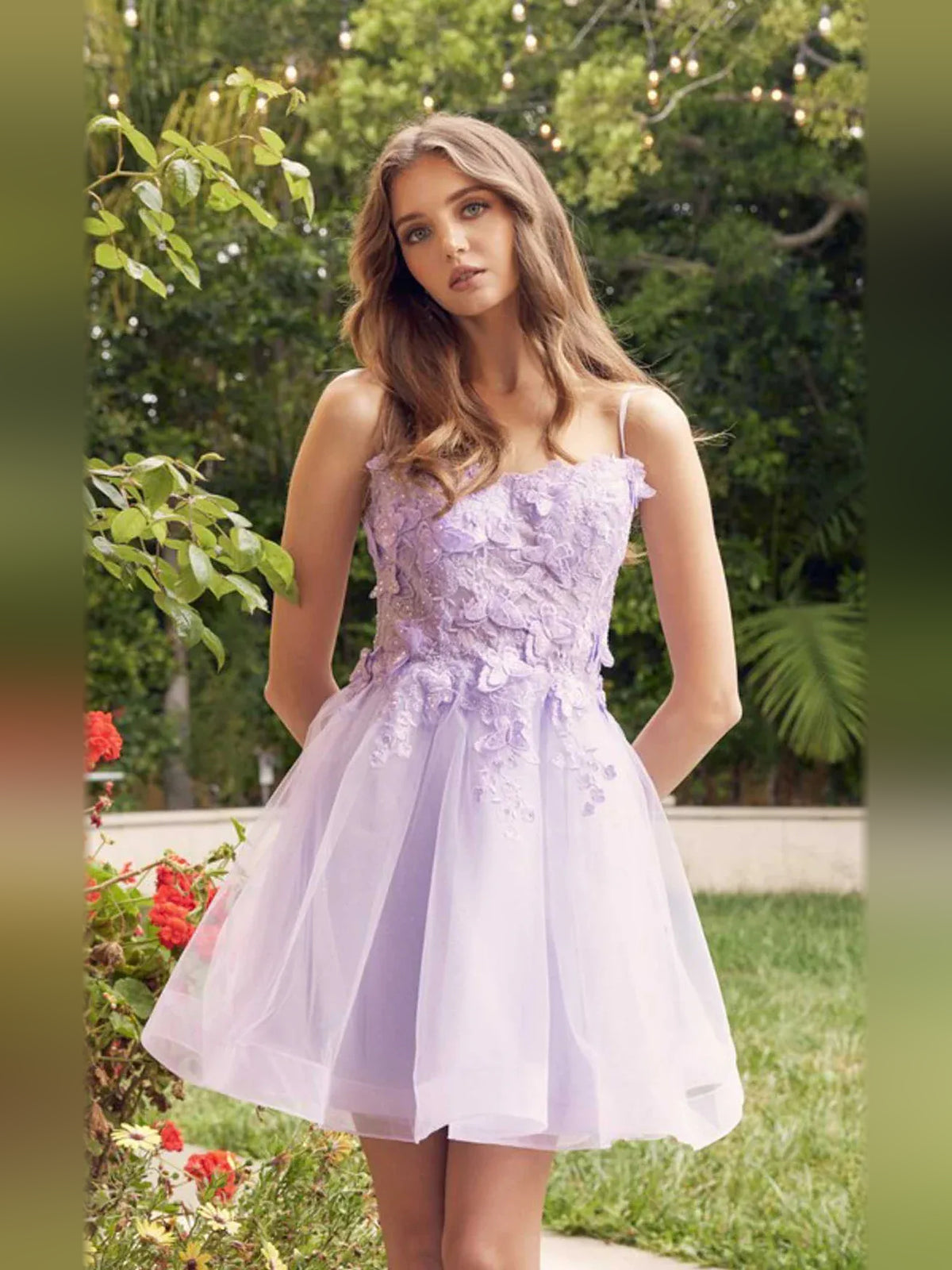Lilac mini homecoming dress, alternate view showing the full-length silhouette
