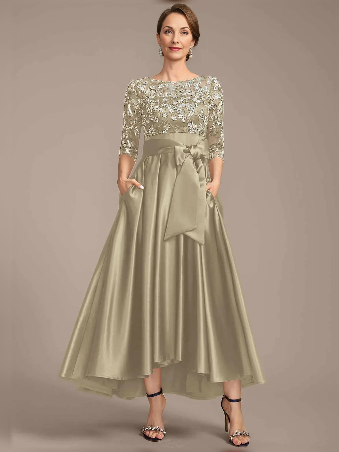 Champagne floor-length mother of the bride dress, alternate view showing the full-length silhouette