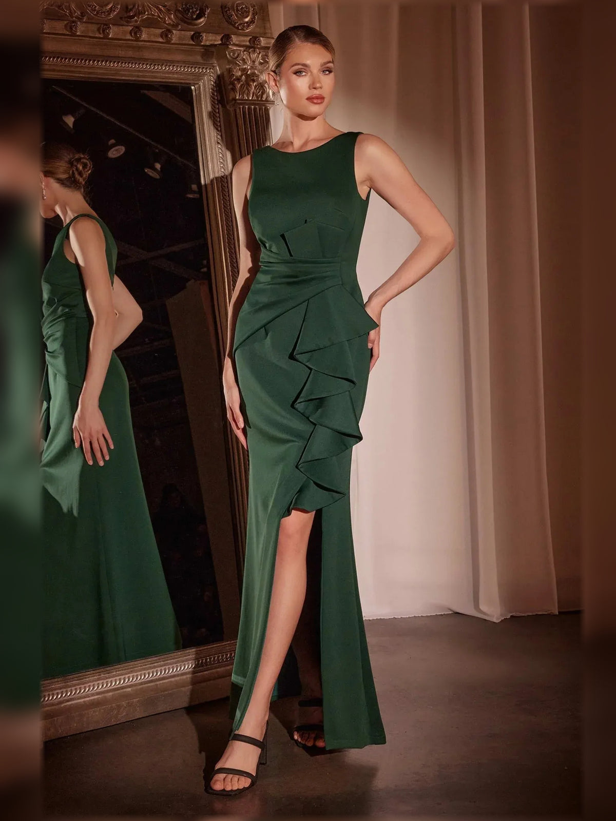 Dark Green mermaid floor-length formal dress with ruffle details, alternate view