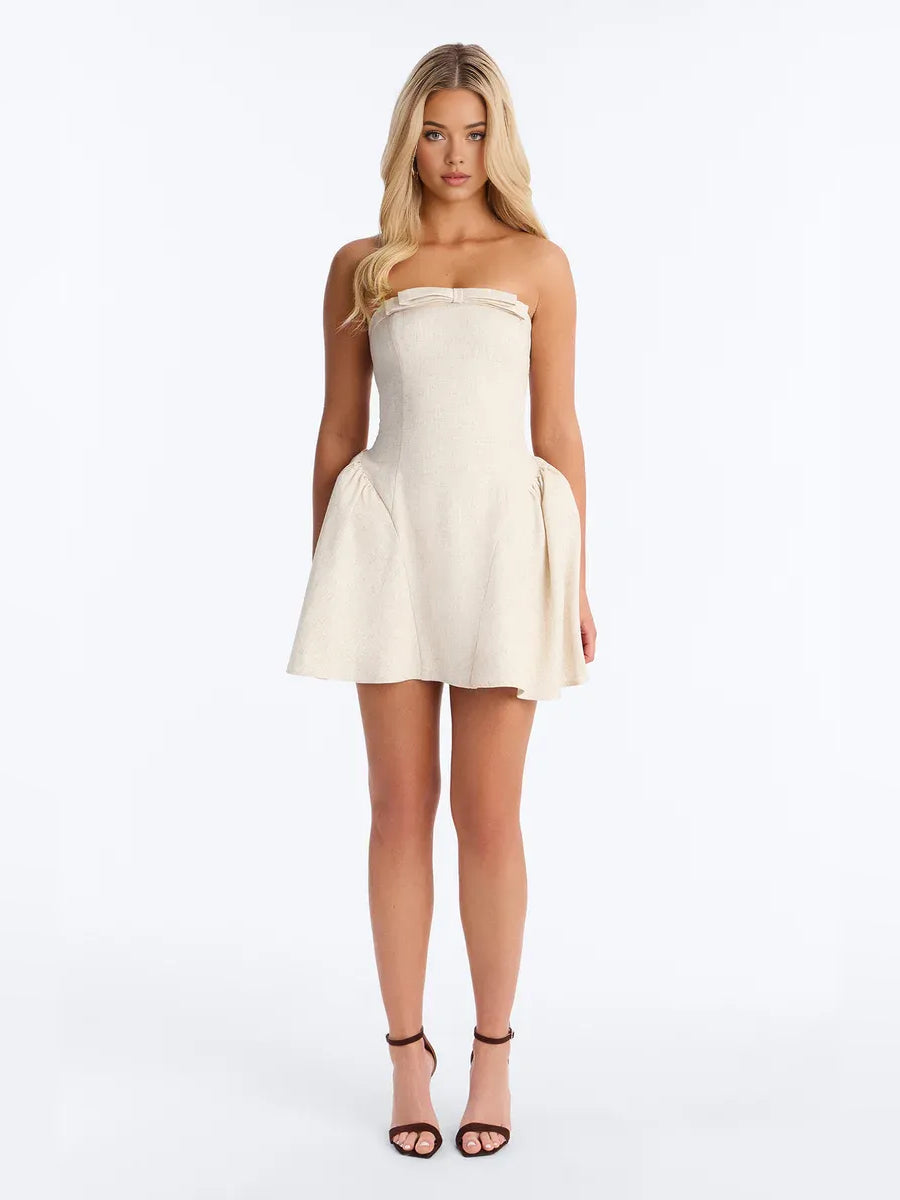 Cream mini homecoming dress, alternate view showing the full-length silhouette