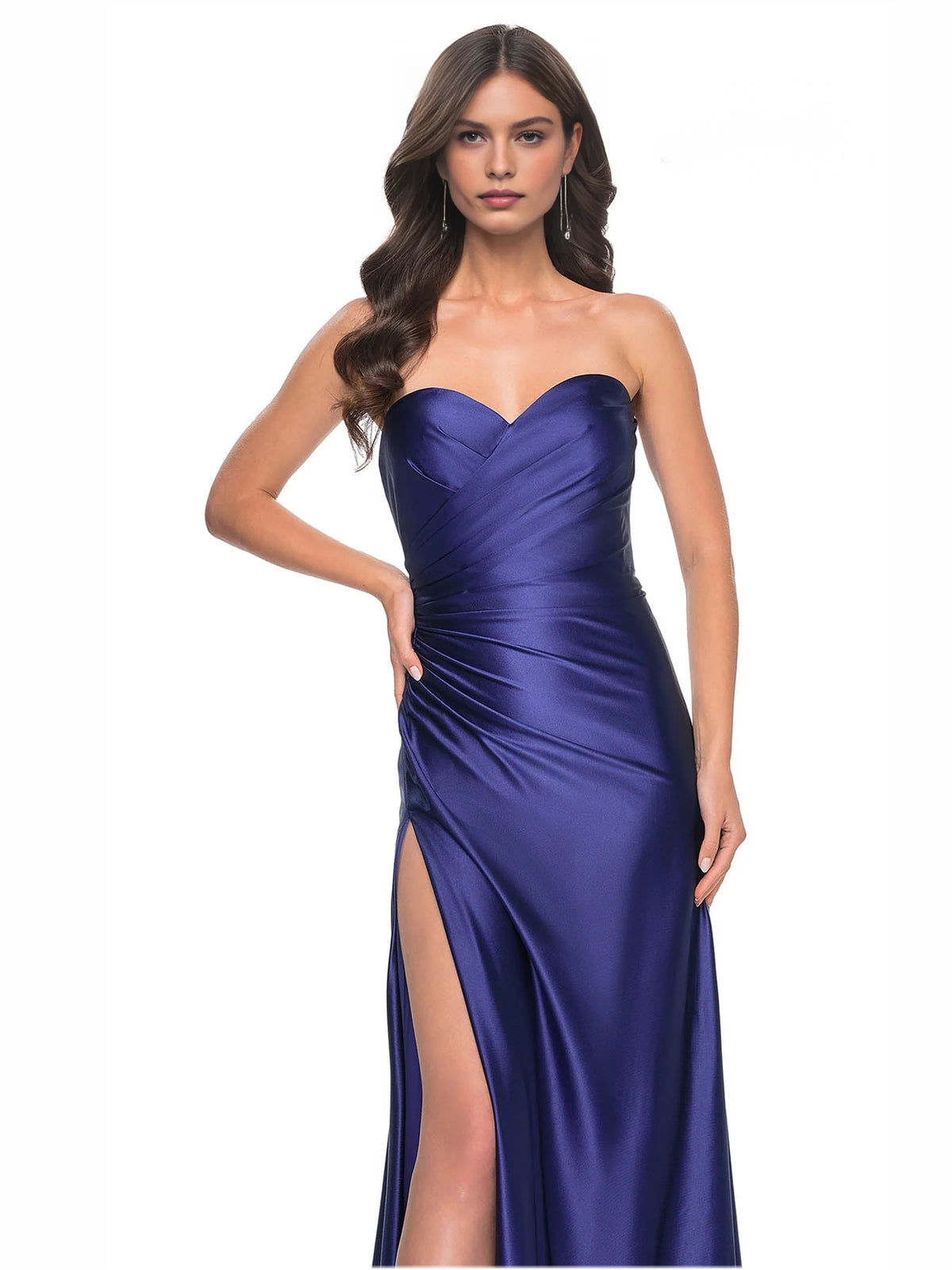 Champagne mermaid floor-length formal dress with ruching, alternate view showing the shoulder line