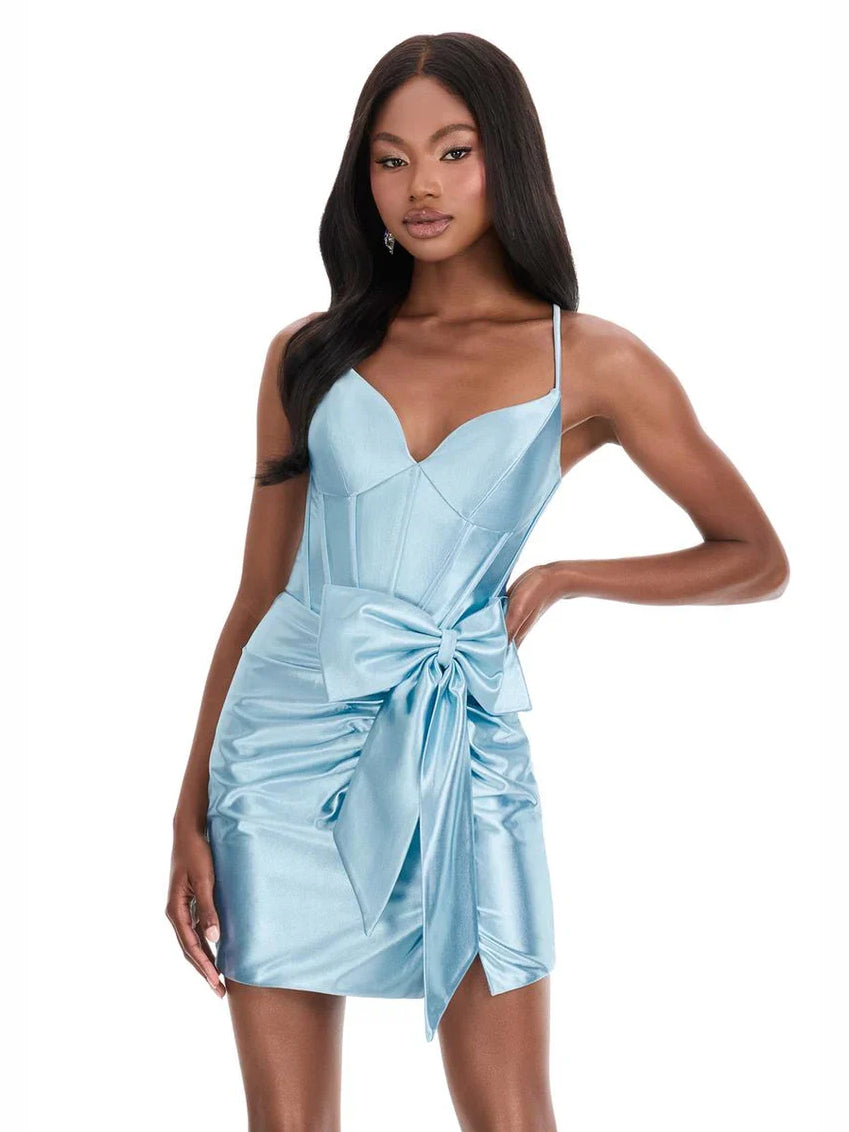 Sky Blue mini homecoming dress, alternate view showing the full-length silhouette