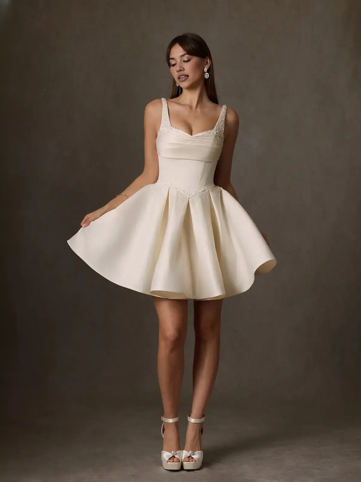 White mini wedding dress, alternate view showing the full-length silhouette