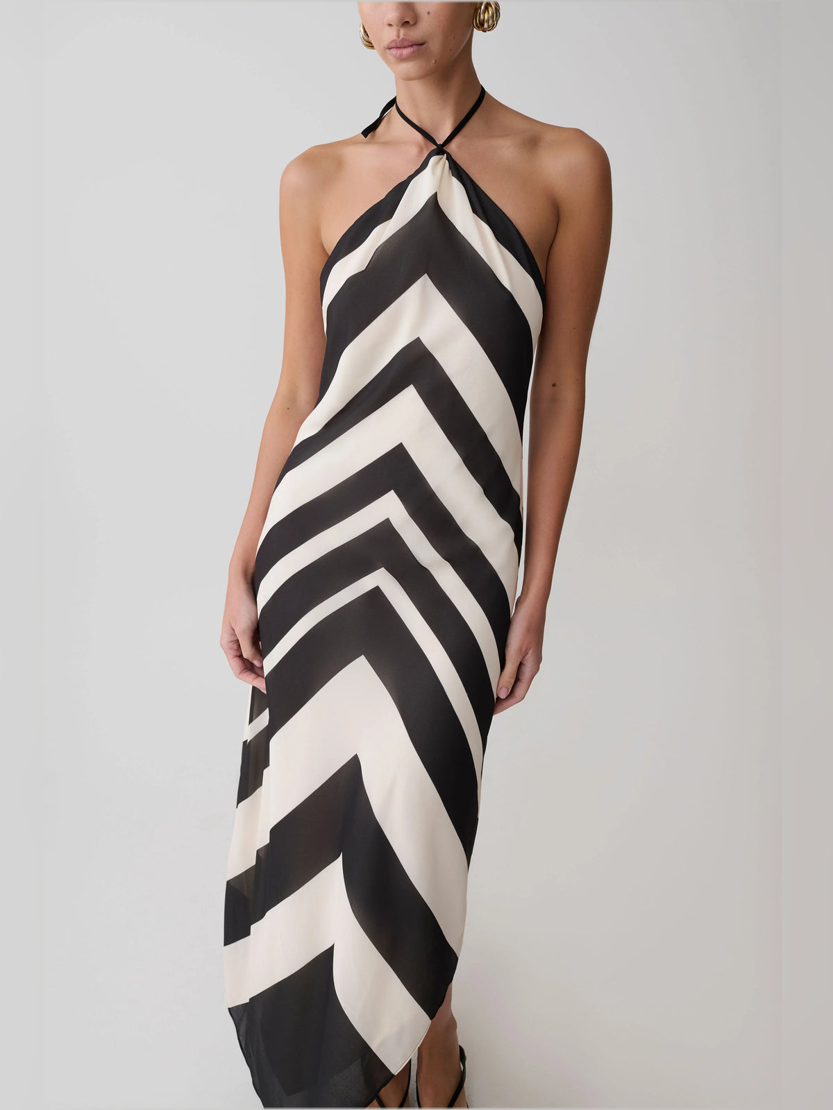 White midi formal dress with halter neckline, alternate view showing the shoulder line