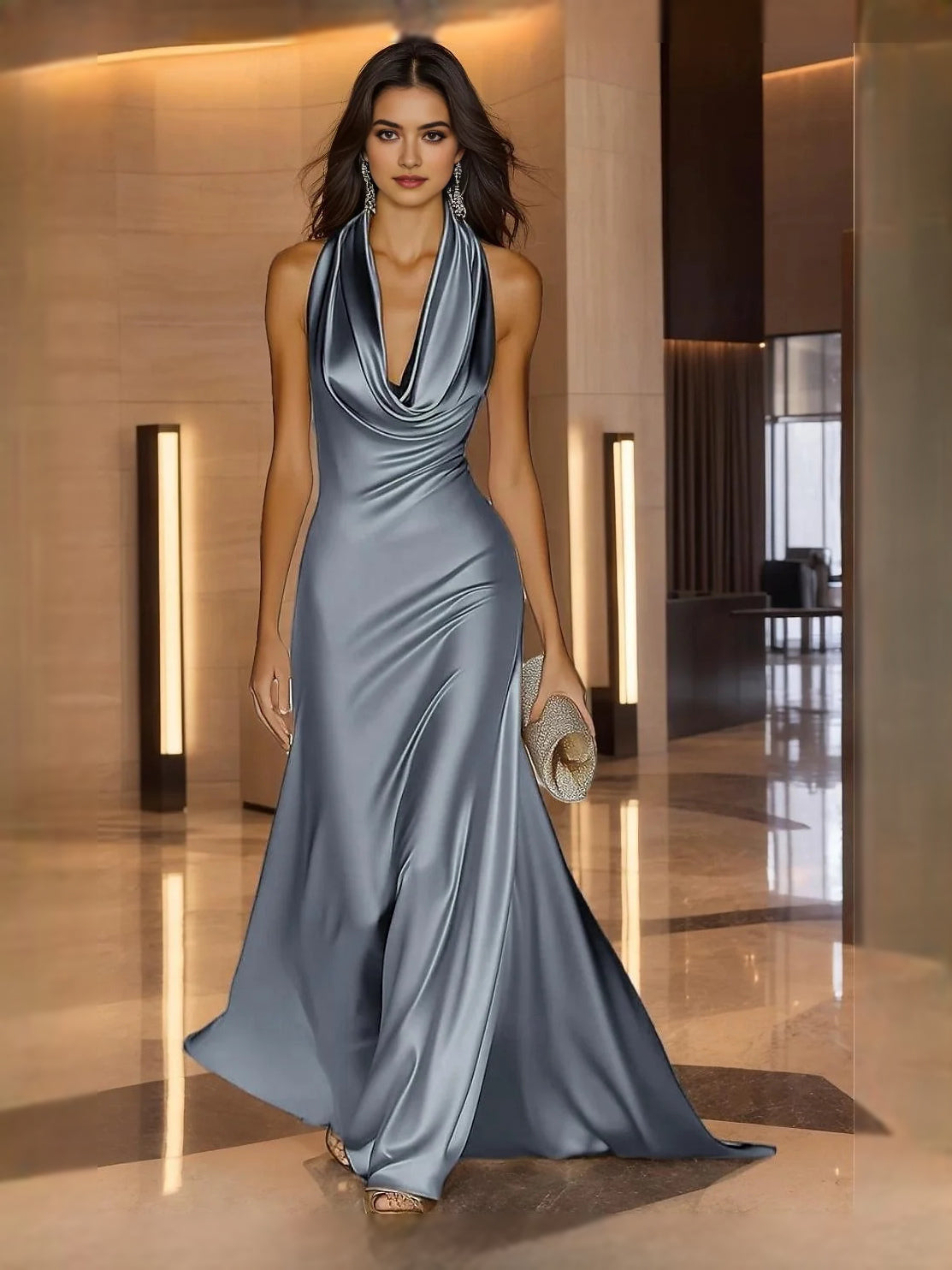 Grey maxi prom dress, alternate view showing the full-length silhouette