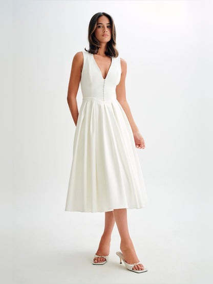 White midi formal dress, alternate view showing the shoulder line