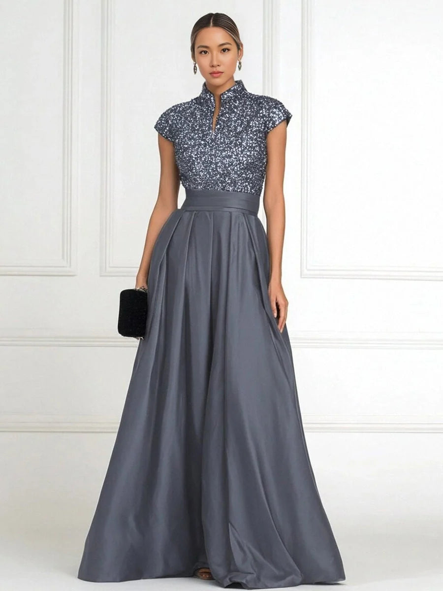 Grey floor-length mother of the bride dress, alternate view showing the full-length silhouette
