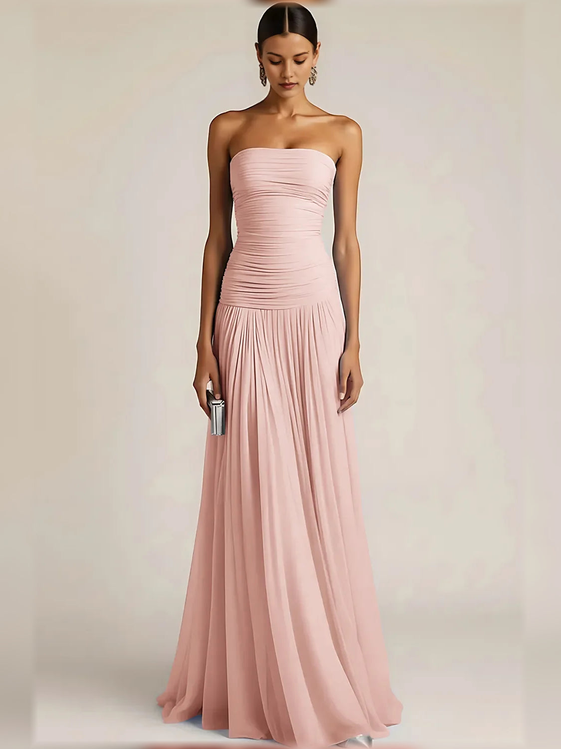 Pink a-line floor-length formal dress with pleated skirt, alternate view