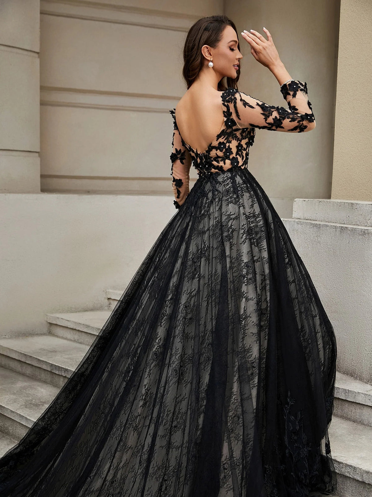 Black floor-length wedding dress, alternate view showing the full-length silhouette