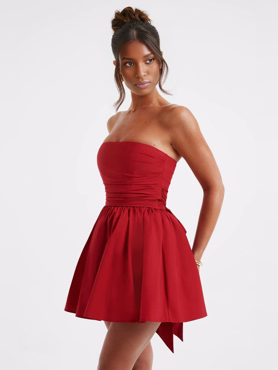 Mocha Gold mini homecoming dress, alternate view showing the full-length silhouette from another angle