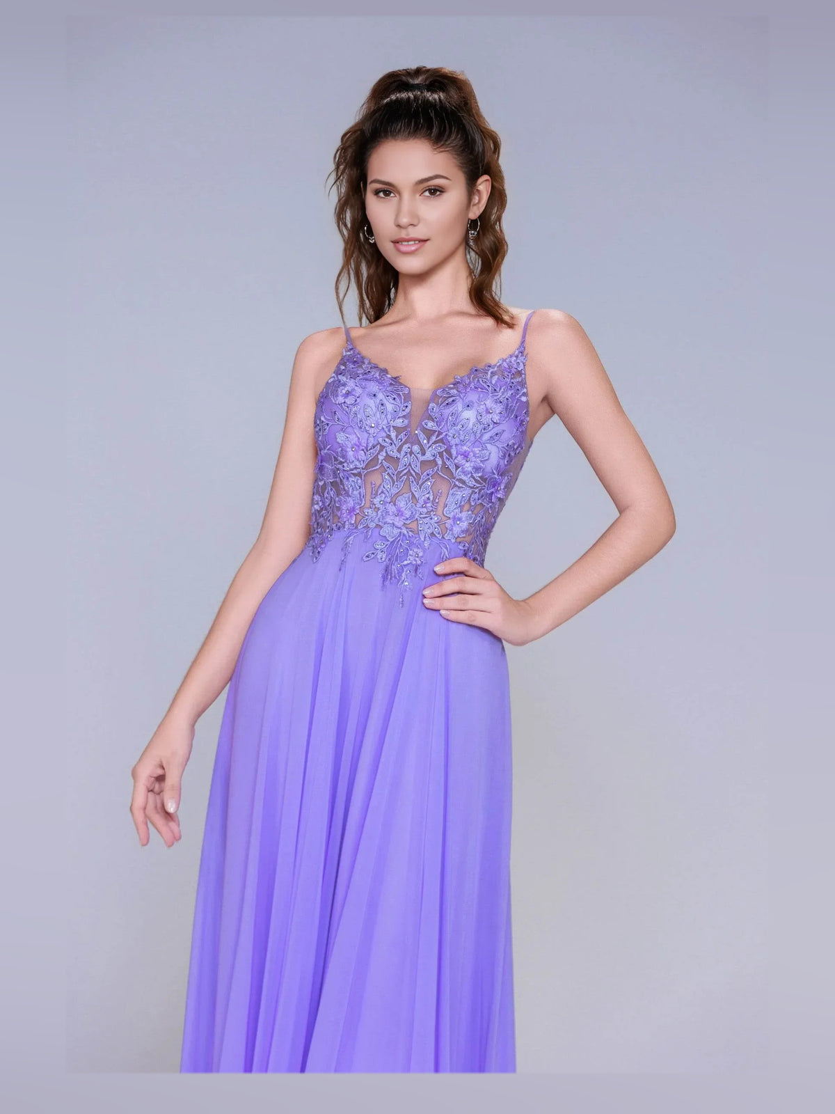 Periwinkle floor-length prom dress, alternate view showing the full-length silhouette