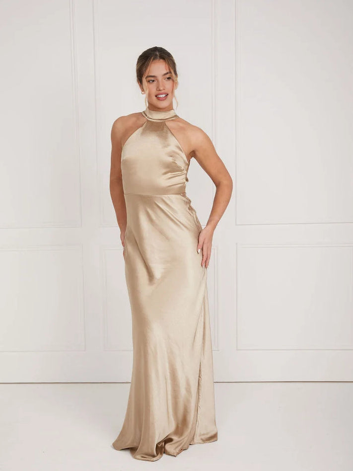 Champagne floor-length bridesmaid dress, alternate view showing the full-length silhouette