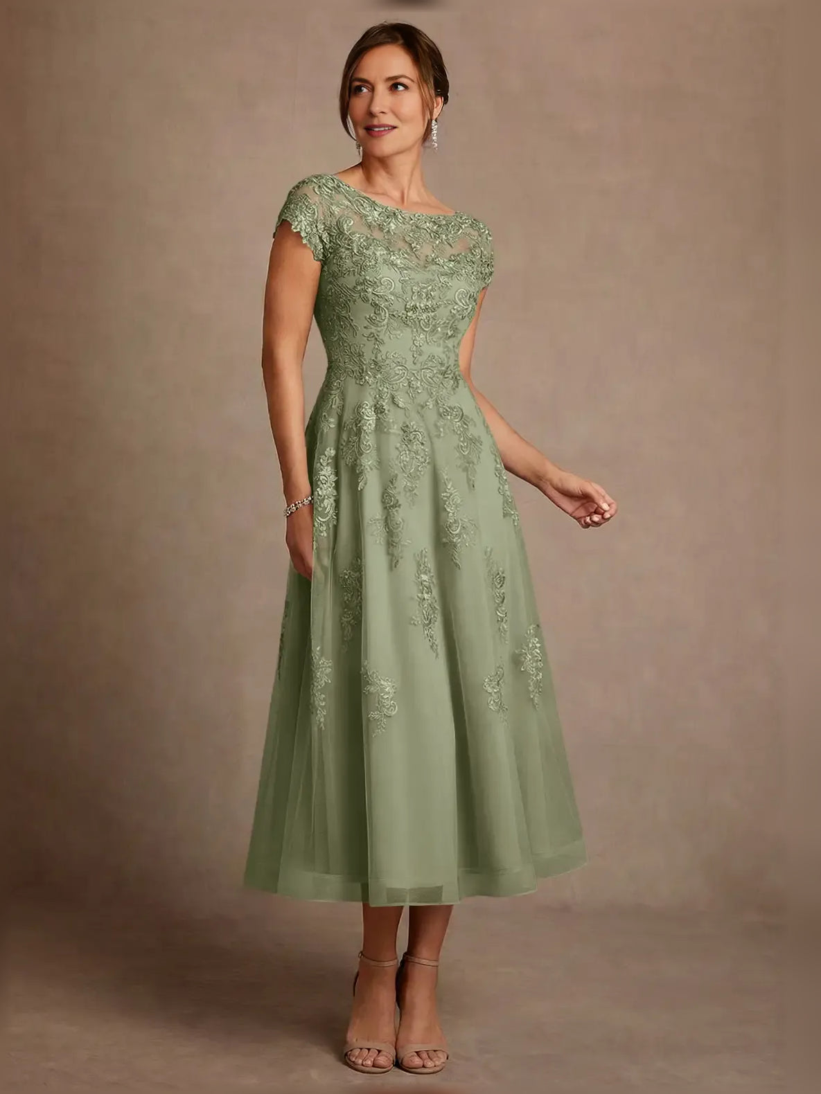 Dusty Sage midi mother of the bride dress, alternate view showing the full-length silhouette