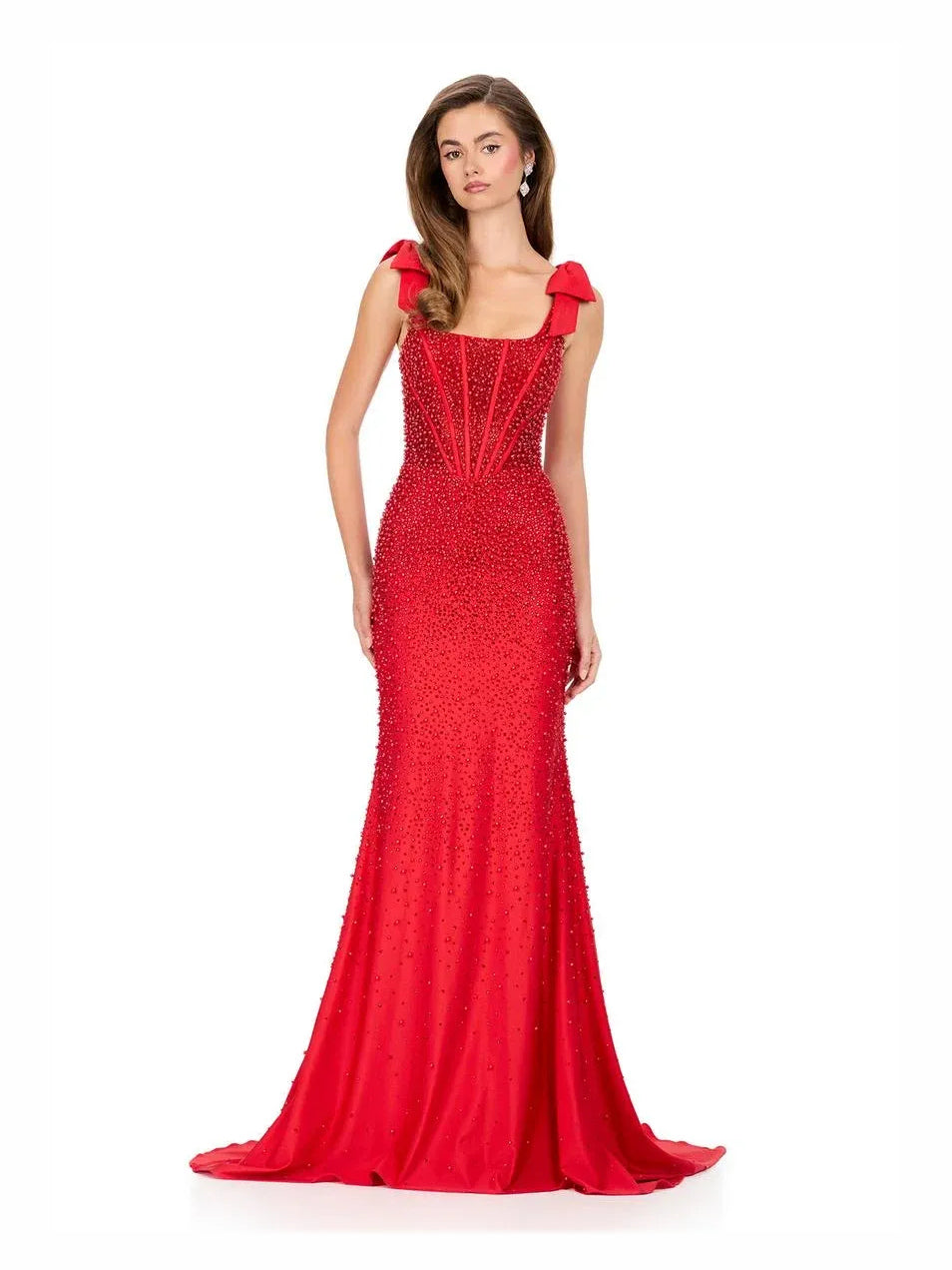 Red floor-length prom dress, alternate view showing the full-length silhouette