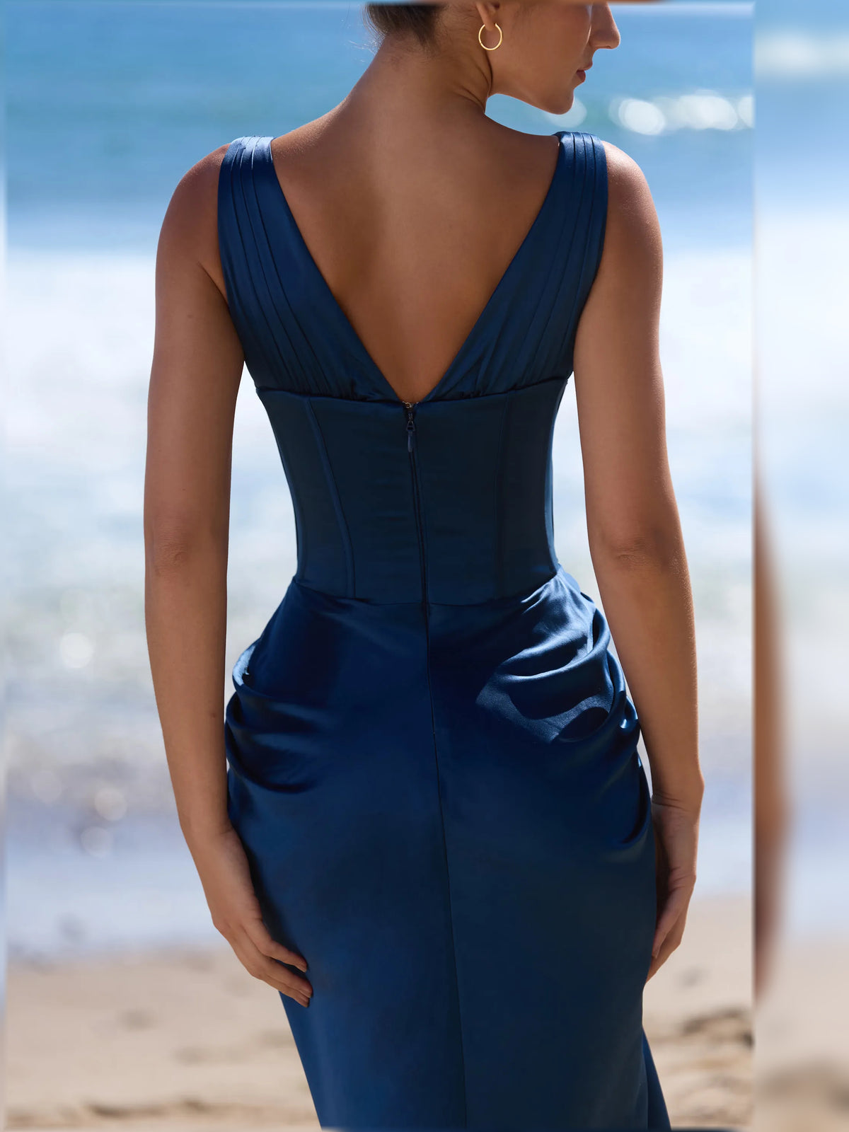 Blush Pink sheath floor-length formal dress with pleated skirt, alternate view showing the shoulder line