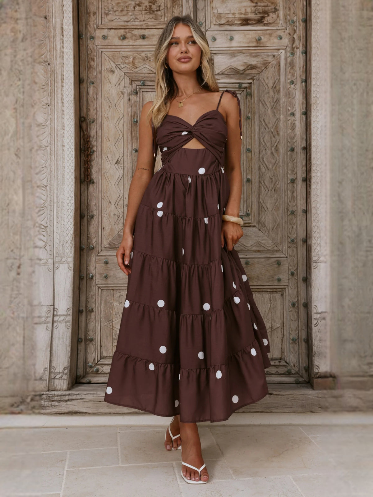 Chocolate midi formal dress with printed pattern, alternate view showing the shoulder line