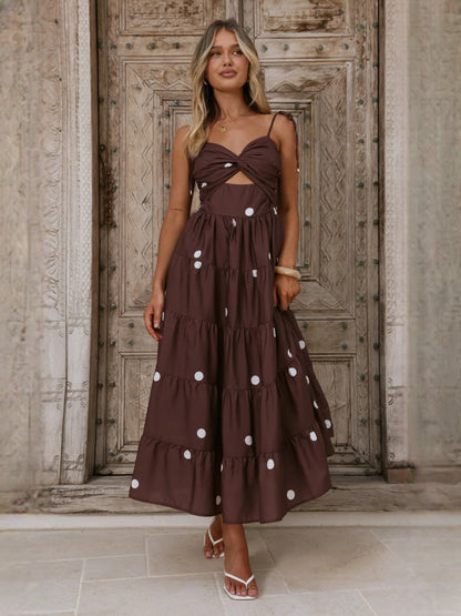 Chocolate midi formal dress with printed pattern, alternate view showing the shoulder line