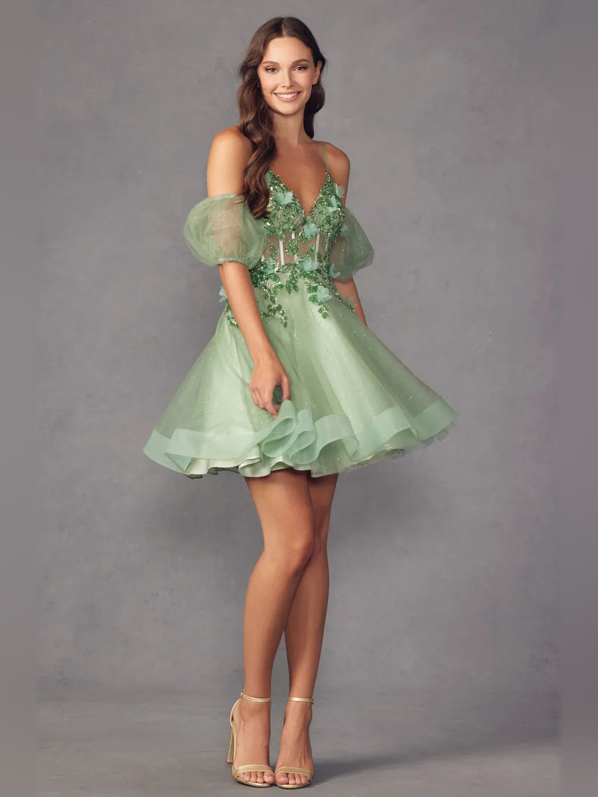 Lilac short homecoming dress, alternate view showing the full-length silhouette from another angle