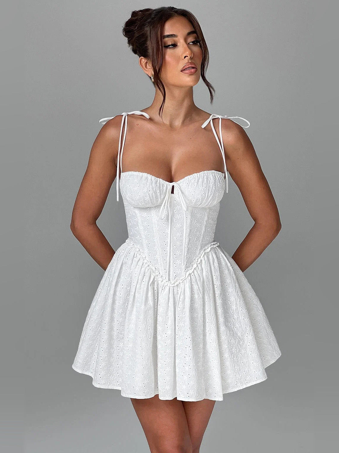 Ivory mini homecoming dress, alternate view showing the full-length silhouette