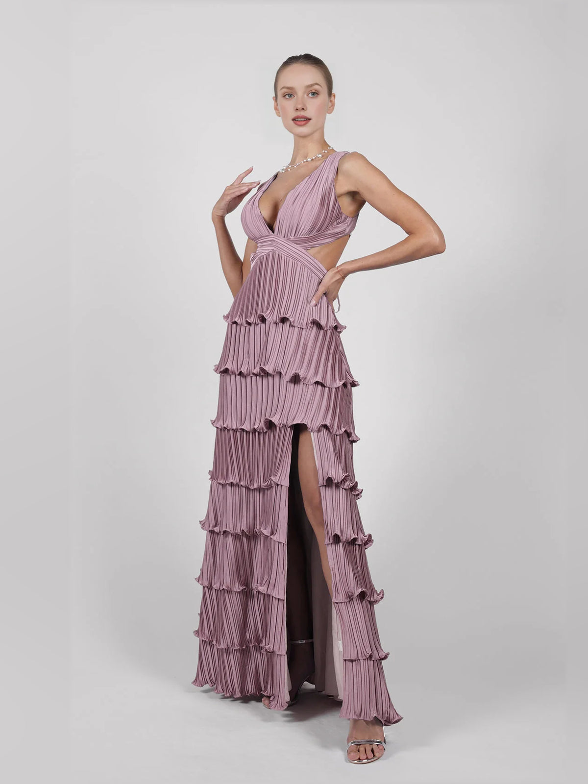 Dusty Rose a-line floor-length formal dress with pleated skirt, alternate view